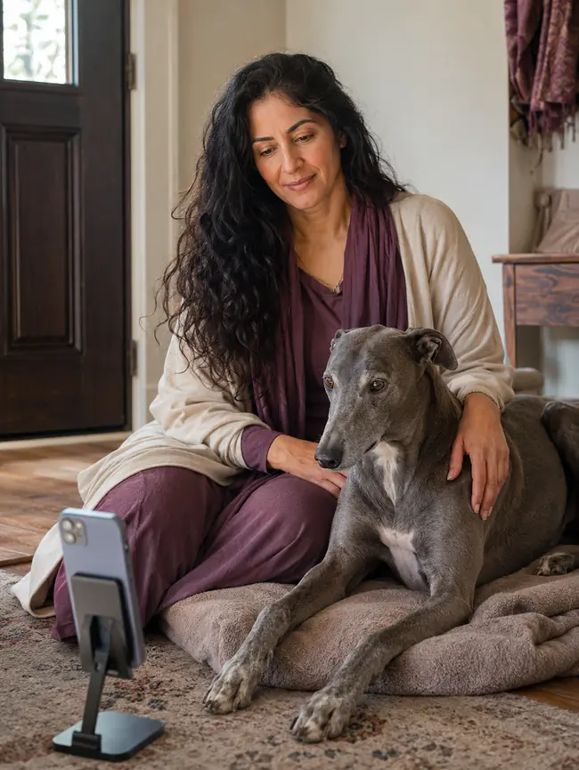 Pet owner preparing for an online pet psychic consultation with an animal nearby