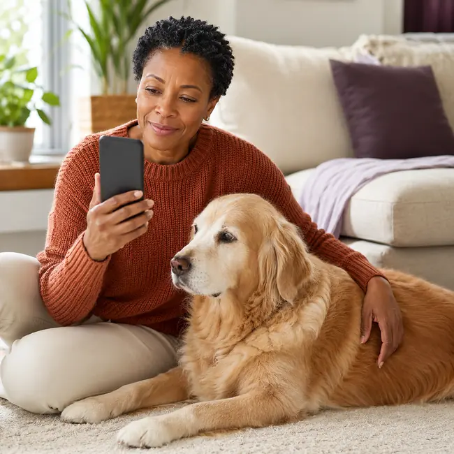 Pet owner exploring animal communication guidance with an online pet psychic
