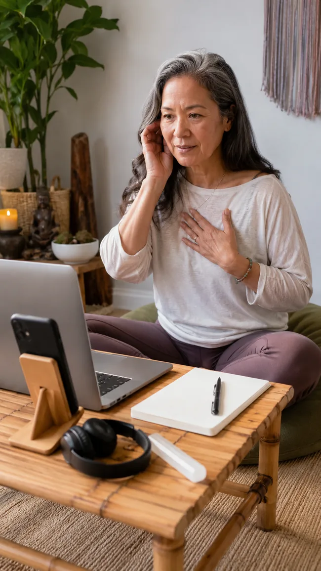 Client speaking privately with an online clairaudient psychic from a home office